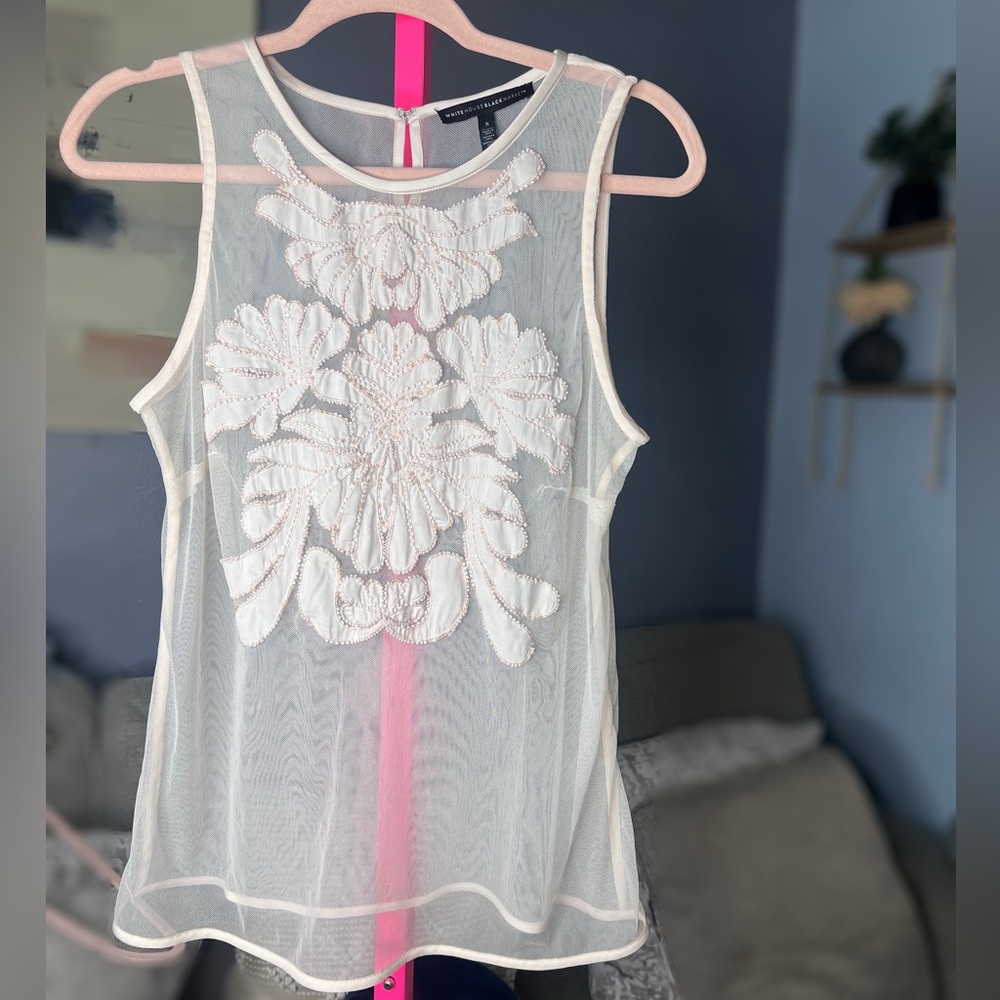 White House Black Market Blush Pink Mesh Beaded
Appliqué Sleeveless Top